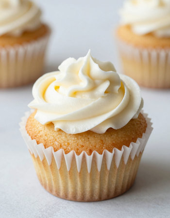 Vanilla cupcakes with buttercream frosting on a white backgroundの写真素材