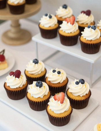 Cupcakes with whipped cream and fresh berries on a white plate