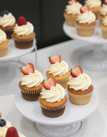 Cupcakes with cream and strawberries on a white plate in a restaurant