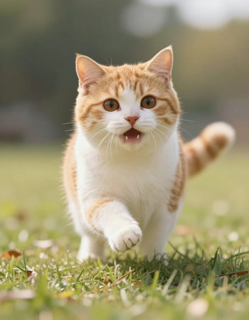 cute orange tabby cat standing on grass and looking at camera