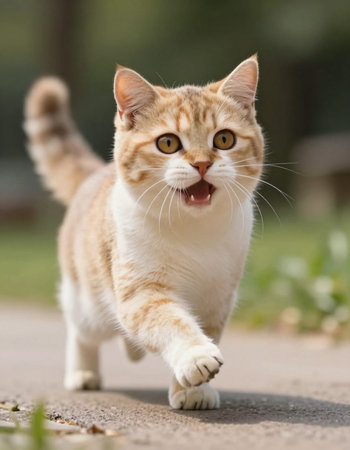 Cute cat is running on the road in the garden, Thailand.