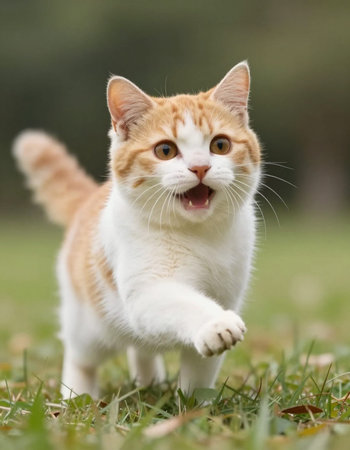Red and white cat in the grass with a funny expression on his face.の写真素材