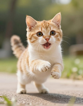 Cute little kitten walking in the garden. Selective focus.の写真素材