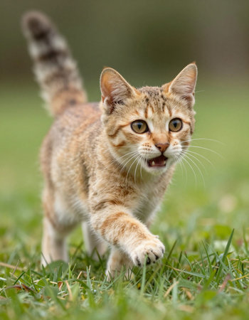 Kitten walking in the grass looking at camera with mouth open.