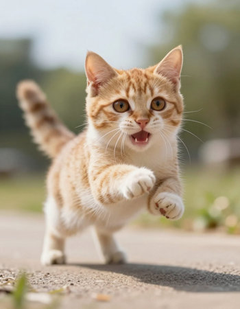 cute little orange and white kitten walking on the road in the parkの写真素材