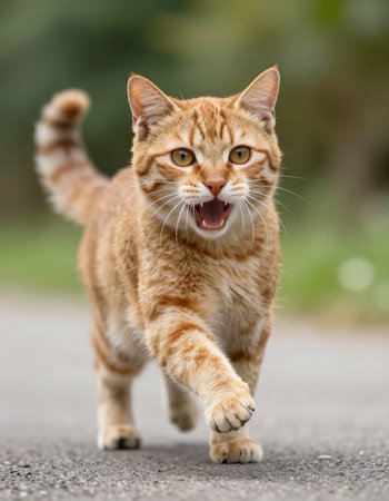 ginger cat running on the road with open mouth and tongue outの写真素材
