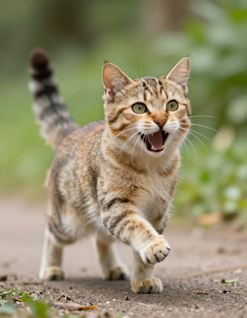 Portrait of a wild cat walking on the road in the natureの写真素材