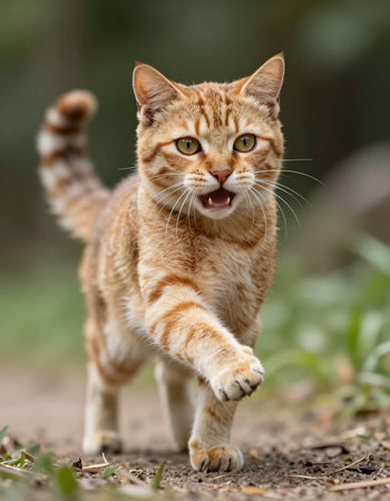Funny cat walking on the ground. Wildlife scene from nature.の写真素材