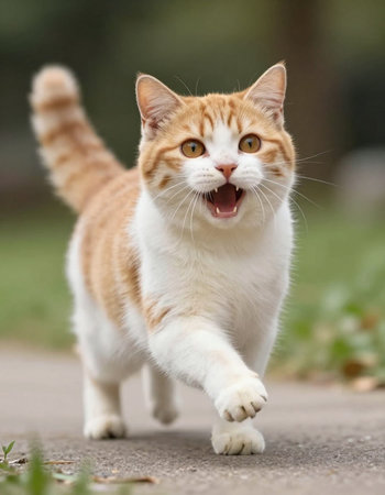 Cute red cat with orange eyes is running on the road.の写真素材