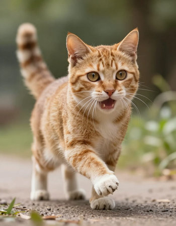 Cute red cat walking on the road with green nature background.の写真素材