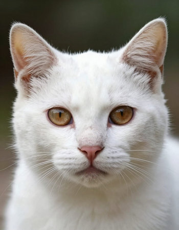White cat with yellow eyes on a green background. Close-up.