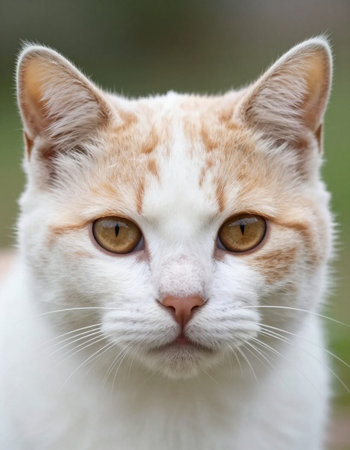 Portrait of a white and red cat with yellow eyes close upの写真素材
