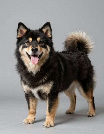 Studio portrait of a mixed breed dog standing on gray background.の写真素材