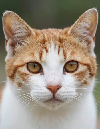 Portrait of a red and white cat with yellow eyes close up