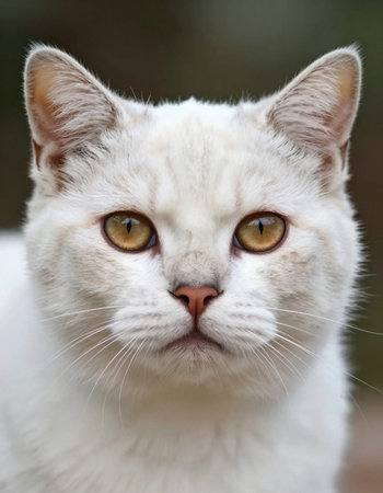 Portrait of a white cat with yellow eyes on a blurred backgroundの写真素材