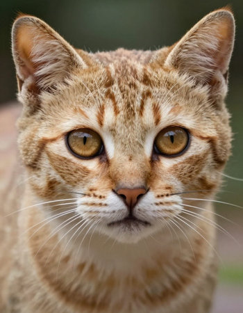 Portrait of a wild cat with yellow eyes on a blurred backgroundの写真素材