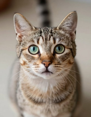 Portrait of a tabby cat with green eyes looking at cameraの写真素材