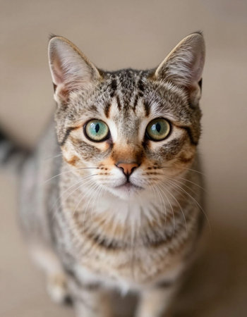 Portrait of a tabby cat with green eyes looking at cameraの写真素材
