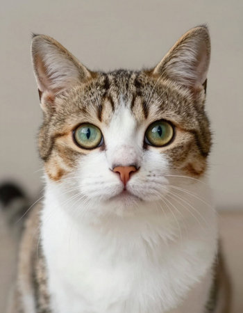 Portrait of a striped cat with green eyes on a gray background