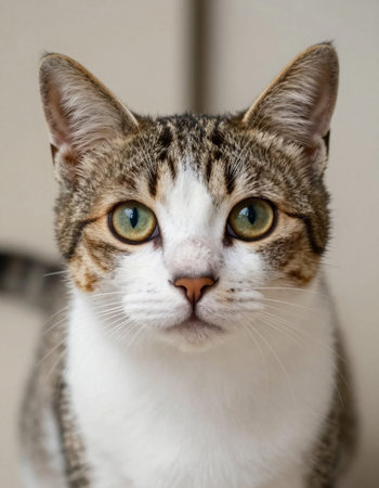Portrait of a tabby cat with green eyes on a gray backgroundの写真素材