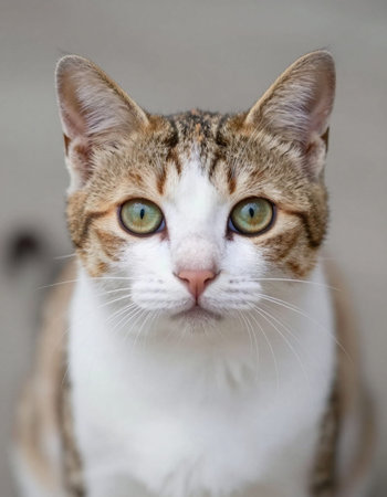 Portrait of a cat with green eyes on a gray background.の写真素材