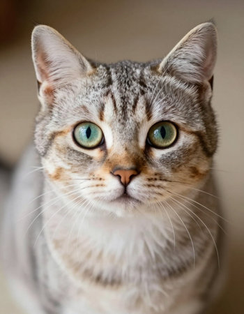 Portrait of a beautiful tabby cat with green eyes looking at cameraの写真素材