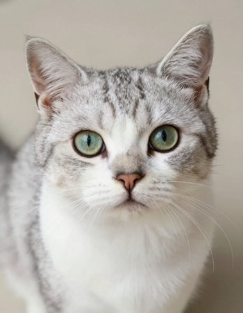 Portrait of a gray cat with green eyes on a light background