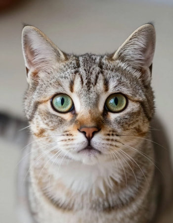 Close-up portrait of a tabby cat with green eyes.