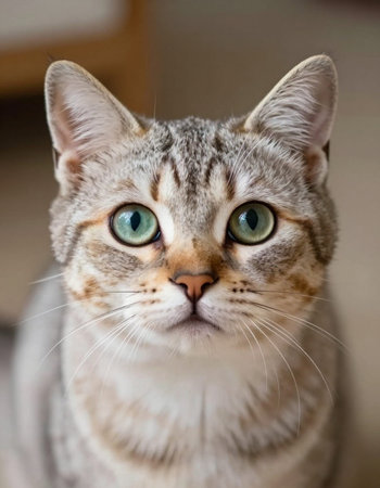 Portrait of a tabby cat with green eyes, close-upの写真素材