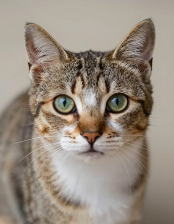Portrait of a striped cat with green eyes on a light backgroundの写真素材