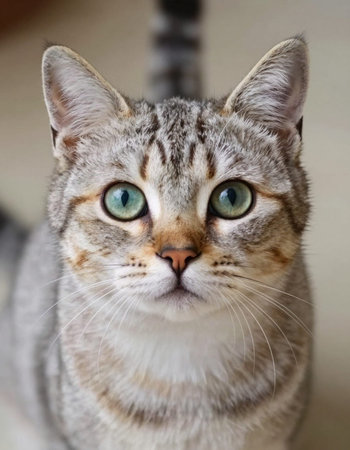 Portrait of a tabby cat with green eyes close up.の写真素材