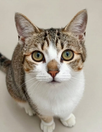 cute tabby cat with green eyes looking at the camera.の写真素材