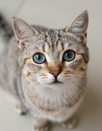 Portrait of a tabby cat with green eyes looking at the camera