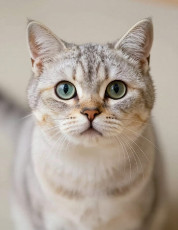 Close-up portrait of a beautiful tabby cat with green eyesの写真素材