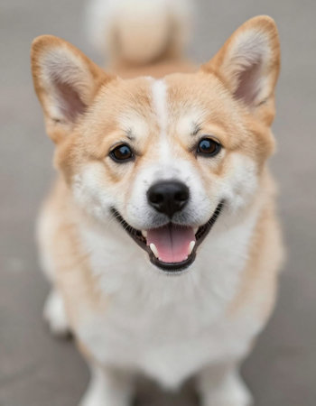 Portrait of a cute Welsh corgi dog looking at the cameraの写真素材
