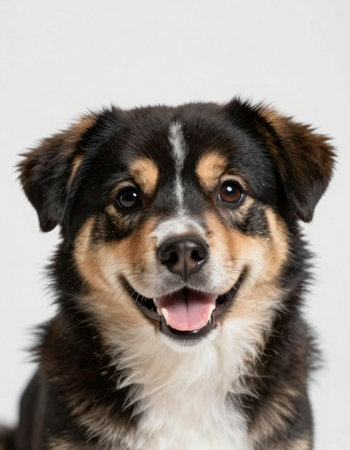 Portrait of a mixed breed dog in front of a white background