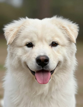 Portrait of a cute white Samoyed dog with tongue outの写真素材