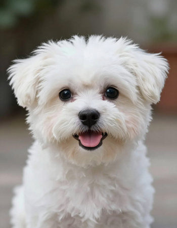 Cute Maltese puppy looking at the camera with tongue out.の写真素材