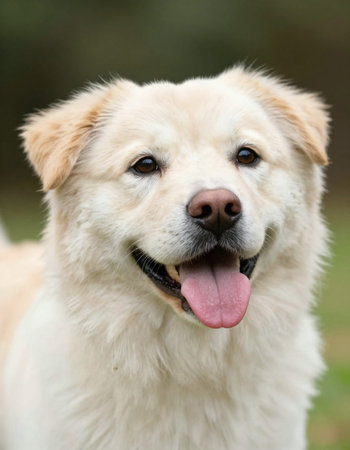 Golden Retriever dog portrait in a garden setting with tongue outの写真素材
