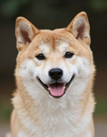 Shiba Inu close-up portrait on blurred natural background.の写真素材