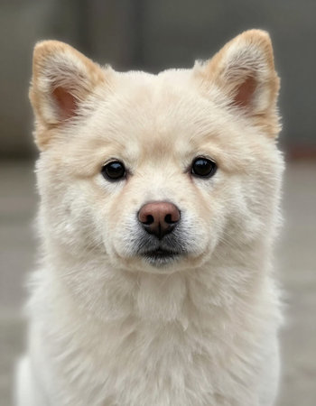 Dog breed Akita Inu close-up portrait on a gray backgroundの写真素材