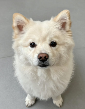 Cute white dog on grey background. Close upの写真素材