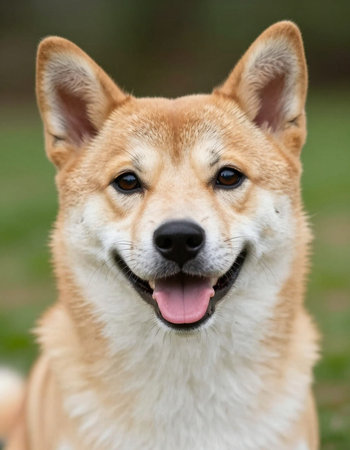 Shiba inu dog looking at the camera with tongue out.