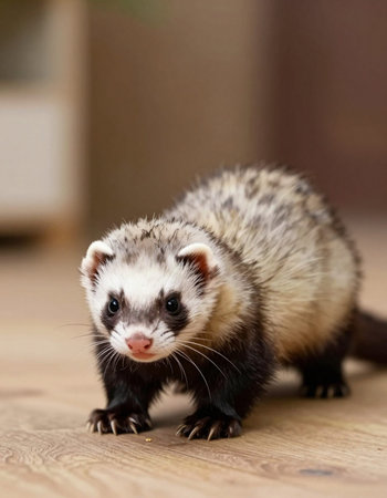 Portrait of a ferret on a wooden floor in the room