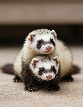Ferret family. Portrait of three cute ferrets. Selective focus.