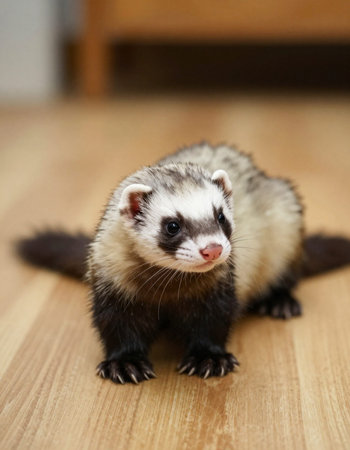 Portrait of a ferret on a wooden floor in the roomの写真素材