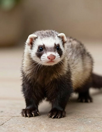 Portrait of a ferret standing on the ground looking at the cameraの写真素材