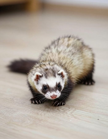 Cute ferret on the floor at home. Selective focus.の写真素材