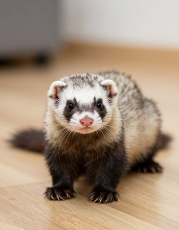 Portrait of a ferret on a wooden floor in a roomの写真素材
