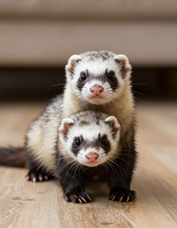 Two ferrets on a wooden floor. Selective focus on the eyesの写真素材